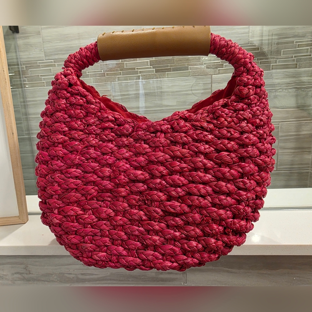 Magid Woven Hobo Bag - Crescent Shape, Leather Handle, Pop Of Color - Picture 3 of 7